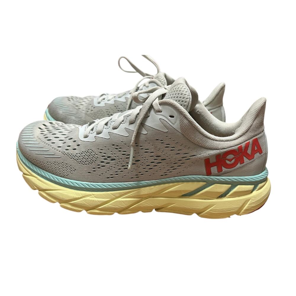 HOKA One One Clifton 7 Sz 8.5 Grey, Yellow, Aqua. Great Condition Women Sneakers